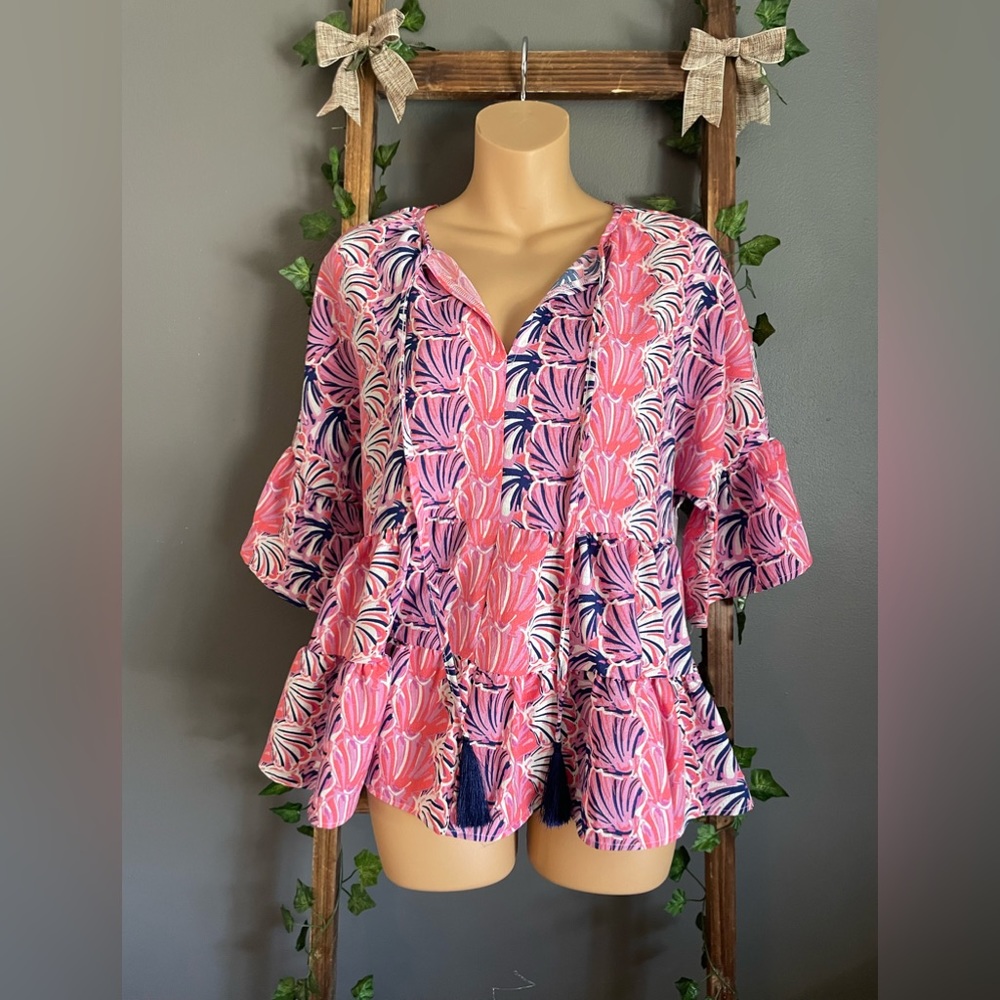 SIMPLY SOUTHERN TIERED BLOUSE, SCALLOP LIGHTWEIGHT AND FLOWY